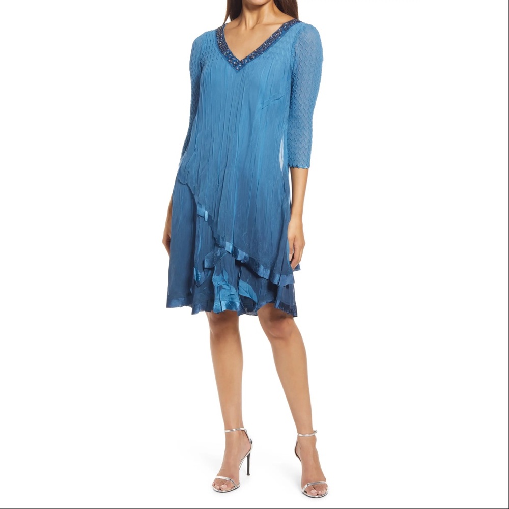 Komarov Beaded V-Neck 3/4 Sleeve Chiffon Charmeuse Trim Dress